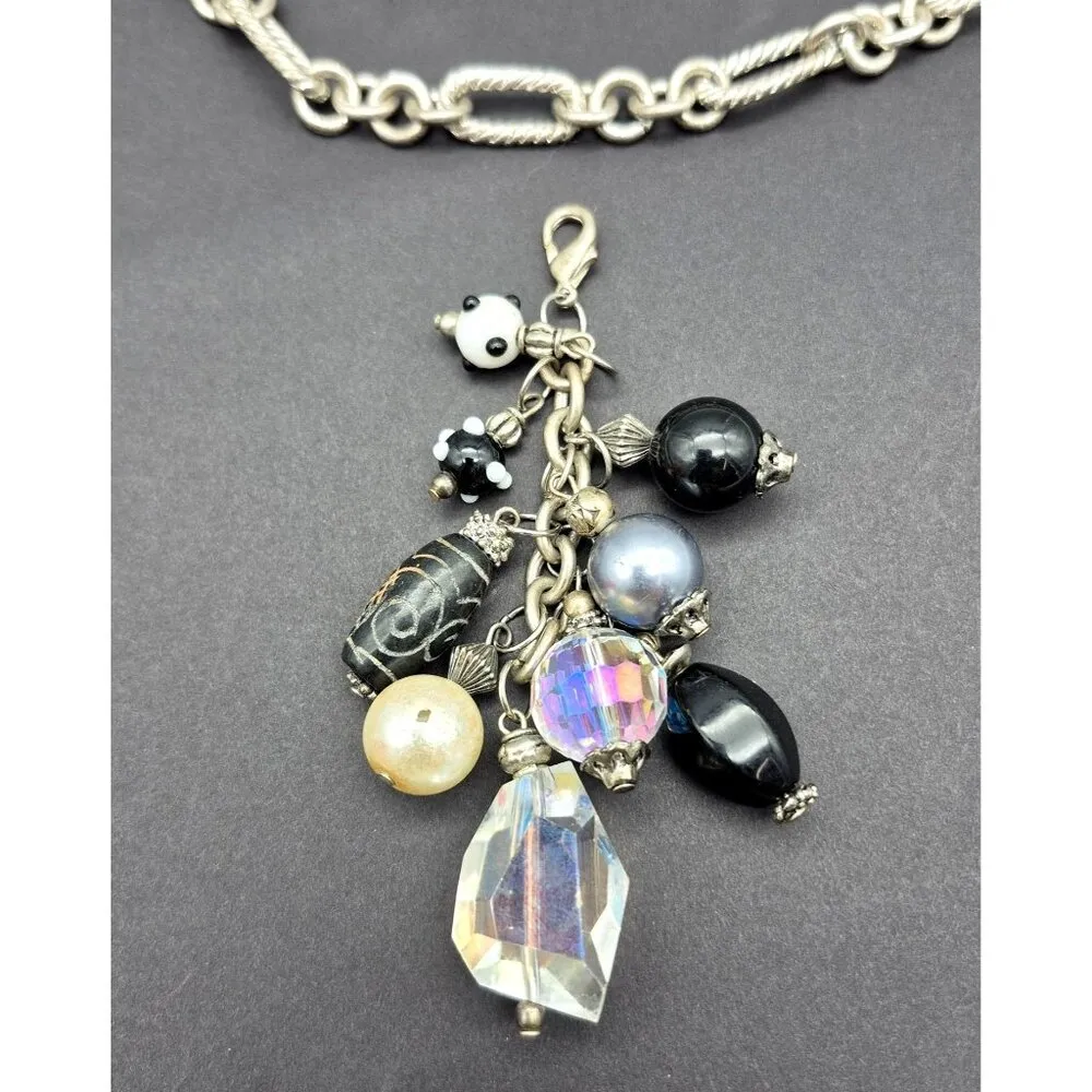 Silver Tone Toggle Necklace Textured Link Multi Beaded Pendant Dangle Tassel 20" - Image 9