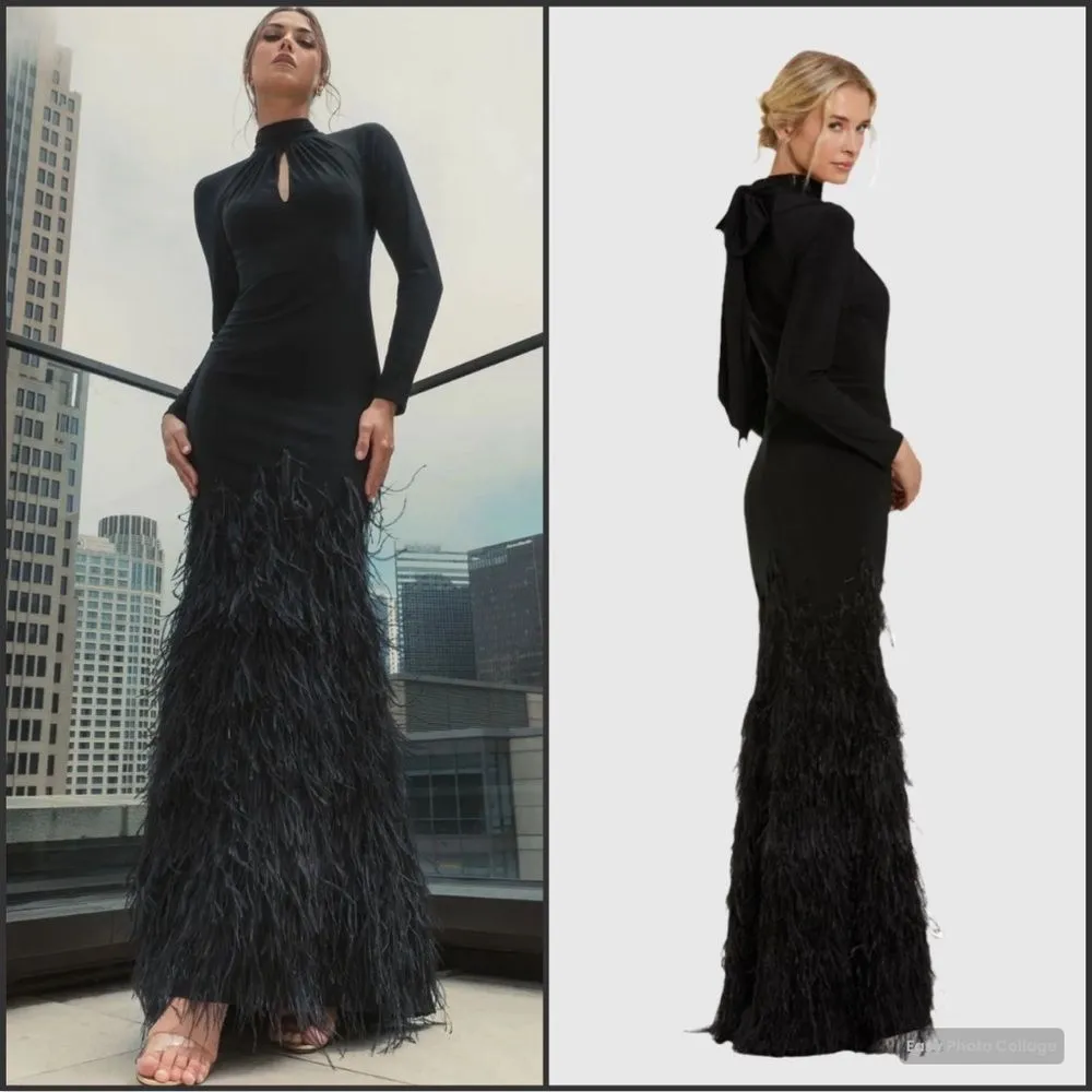 MAC DUGGAL  11839 Black Jersey Long Sleeve High Neck Feather Gown - Image 3