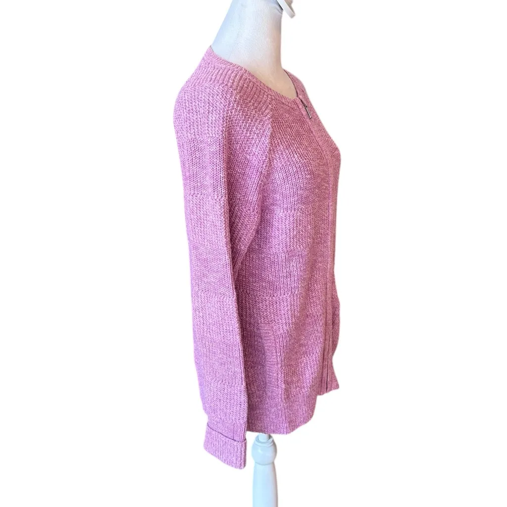 LL Bean Full Zip Fishermans Cable Knit Cardigan Sweater Womens Med Pink Purple - Image 3