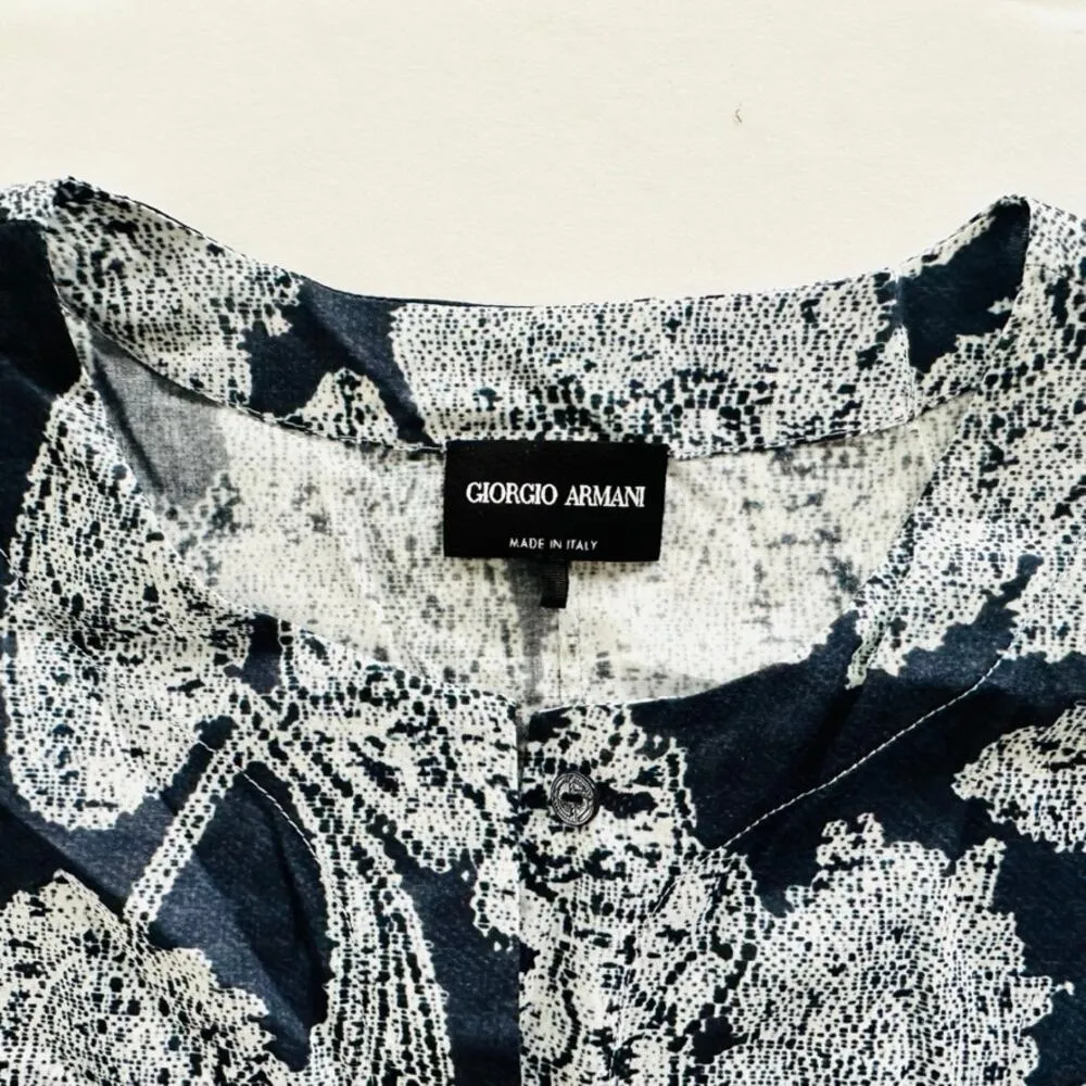 Giorgio Armani Blue Floral Print Tunic Blouse Size 44 XL Long Sleeve Cotton - Image 6