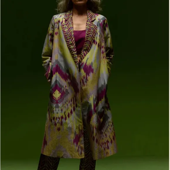 Saundh NWOTS Purple Green Ikat Lapel Collar Jade Long Jacket Duster size large - Image 11