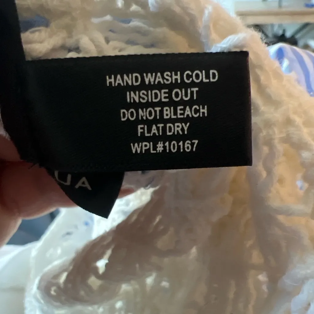 AQUA Blue White Stripe Crochet Lace Boho Tiered Dress Tassel Tie Size M - Image 9