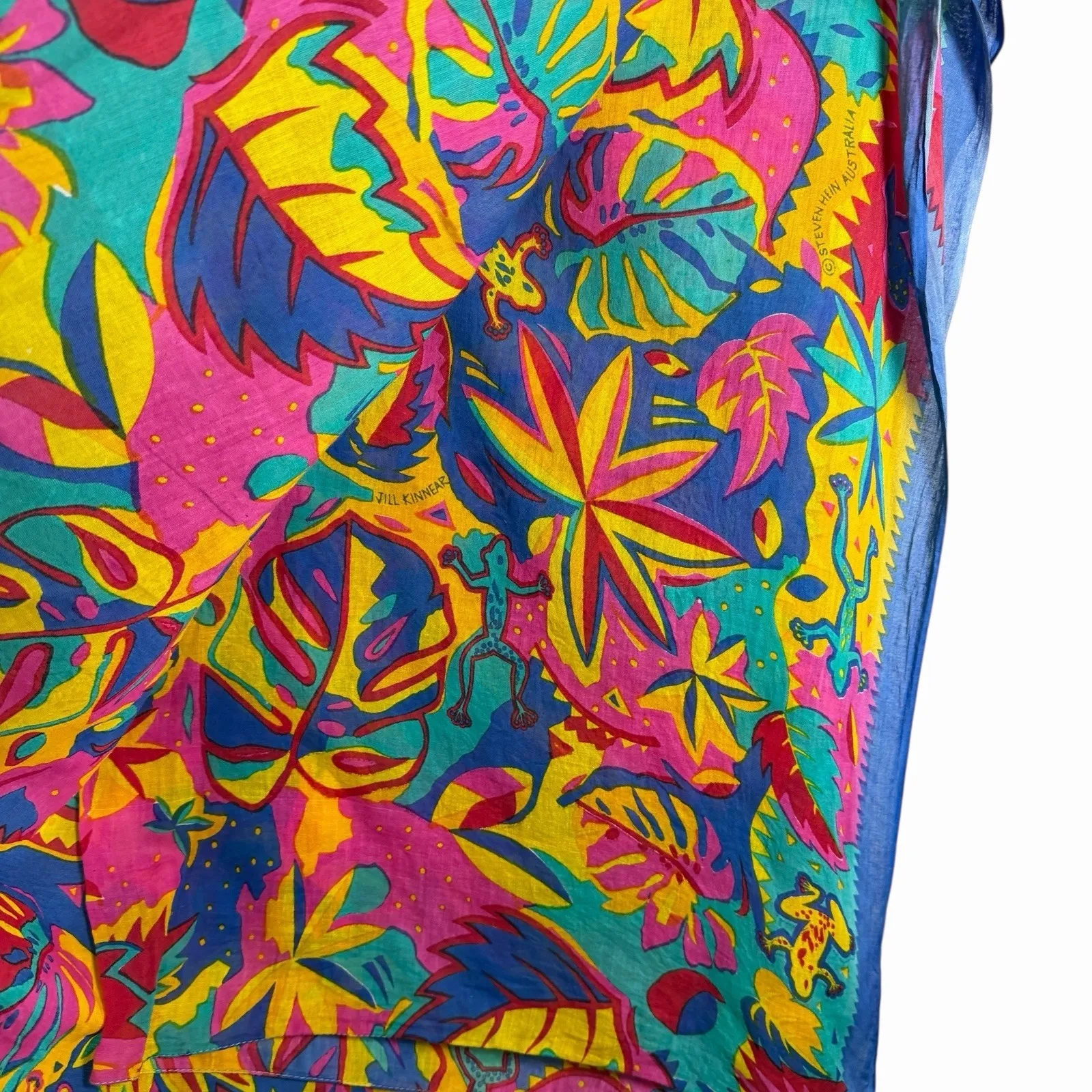VTG 90s Steven Hein Australia Frog Gecko Tropical Sarong Pareo Wrap Fabric Art Blue - Image 3