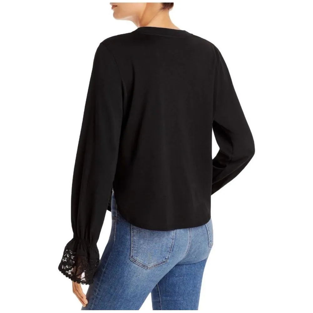 See by Chloe Cotton Crewneck Lace Trim Bell Sleeve Guipure Blouse Black Size S‎ - Image 2