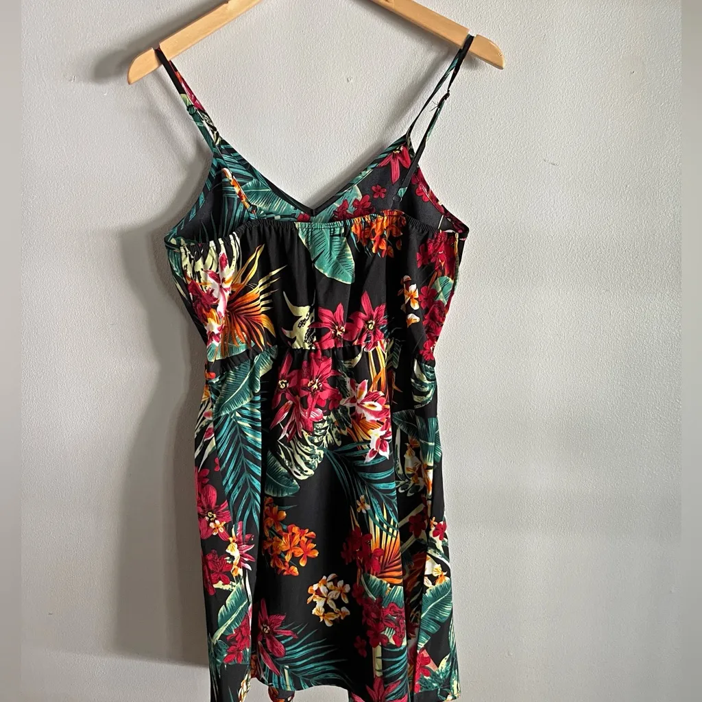 Tropical Floral Mini Dress Black Spaghetti Strap V Neck Beach Vacation - Image 6