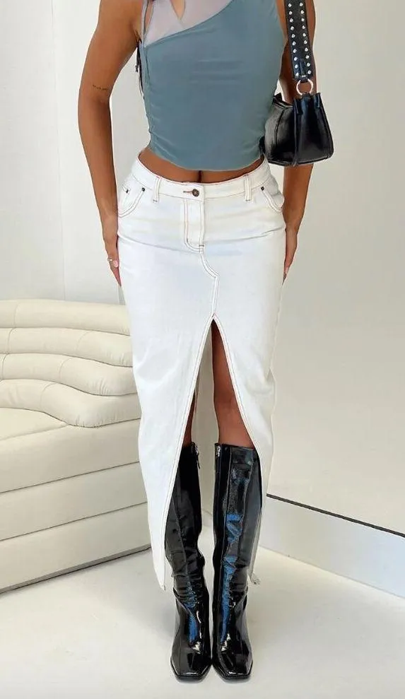 Princess Polly Lioness Barbara White Front Split Denim Midi Skirt M - Image 2