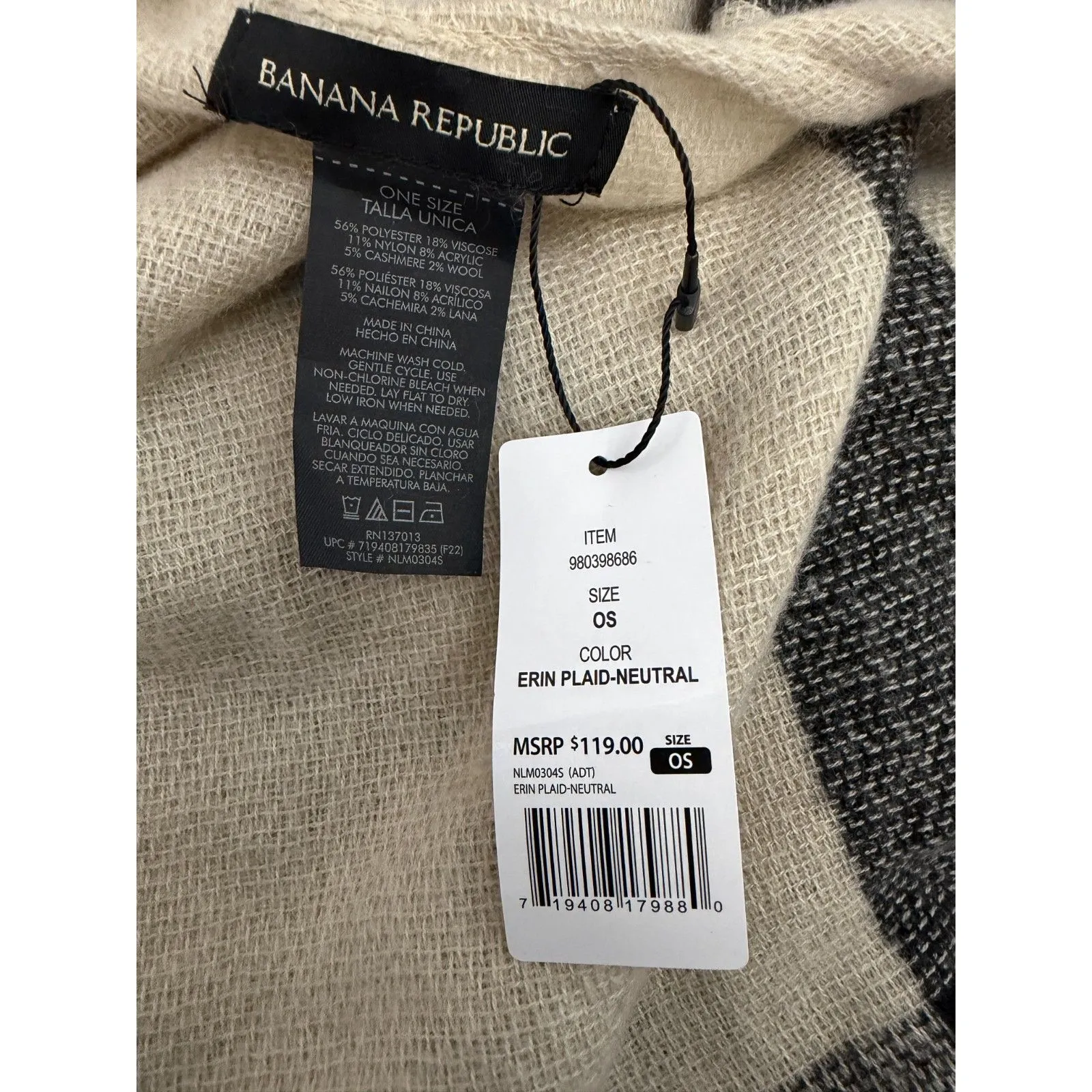 Banana Republic Cashmere Wool Blend Plaid Beige Black Fringe Wrap One Size NEW - Image 4