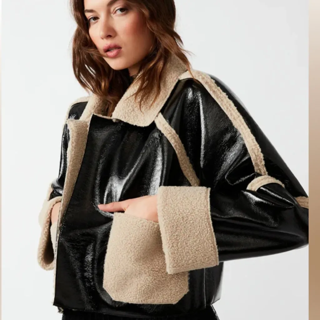 NWT STEVE MADDEN Faux Shearling Trim Faux Leather Jacket Oversized - Image 5