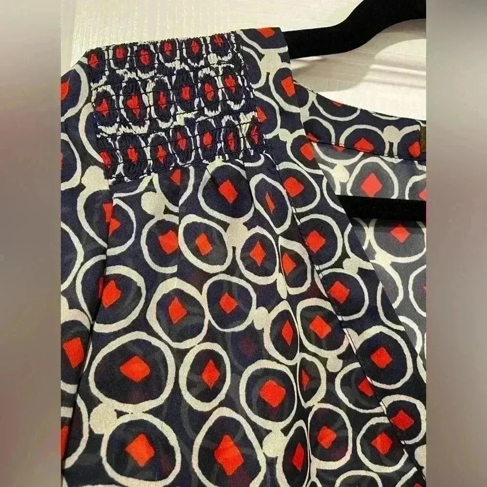 Limited Navy Blue Geometric Sheer V Neck Smock Collar 3/4 Sleeve Blouse Size M - Image 5