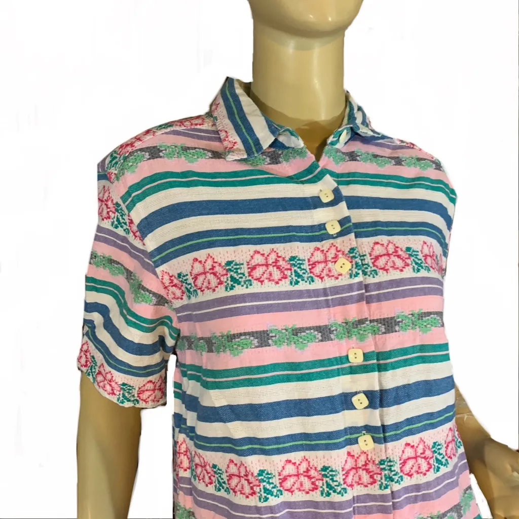 VINTAGE CABIN CREEK PINK, BLUE & WHITE FLORAL & STRIPE COTTON SHORT SLEEVE TOP L - Image 7