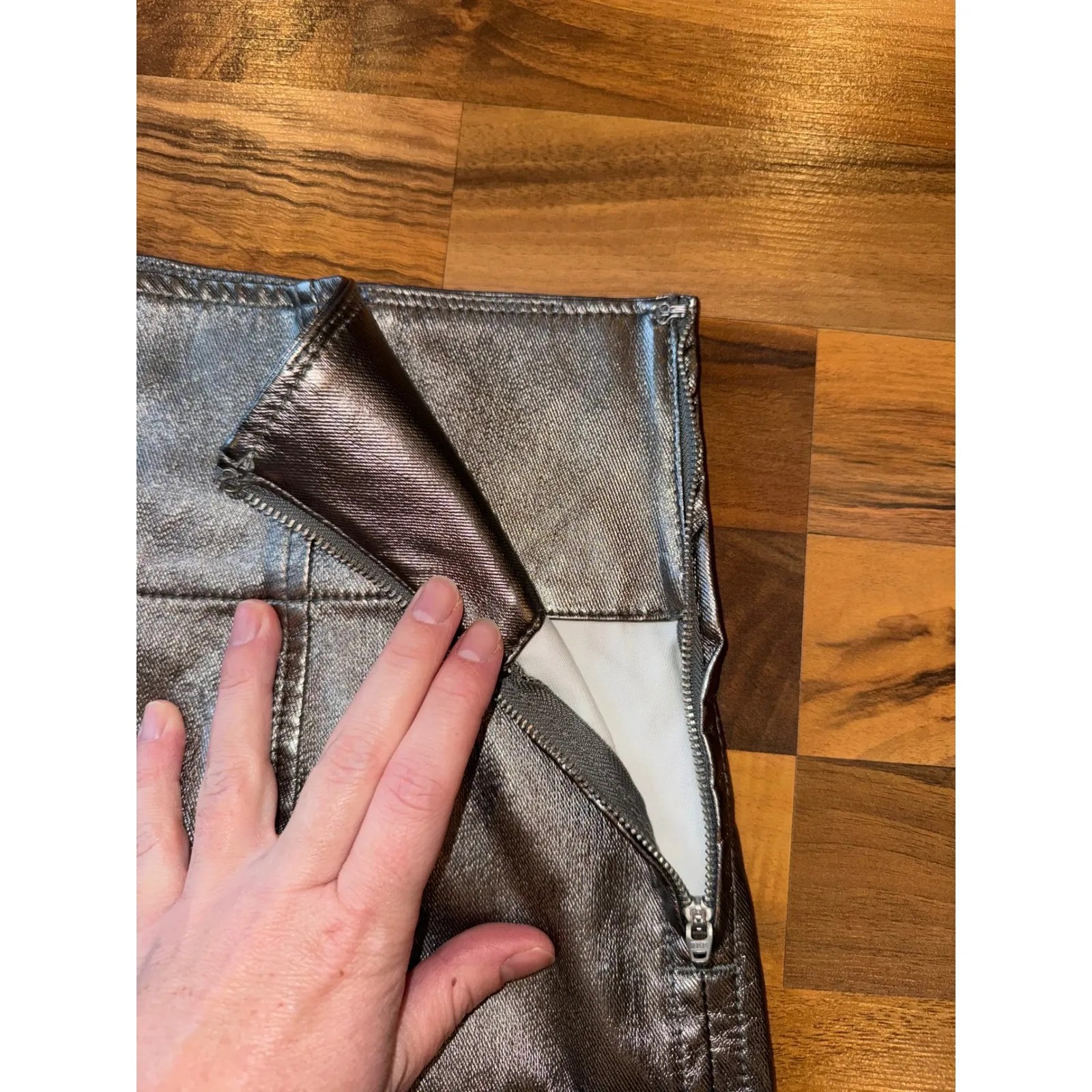 Free People Metallic Silver Faux Leather Mini Skirt Size 10 holiday sparkle NYE - Image 3