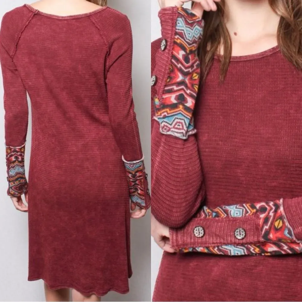 Hailey&Co Waffle Knit Washed Boho Burgundy Red Long Sleeve Mini Dress Size L Size L - Image 2