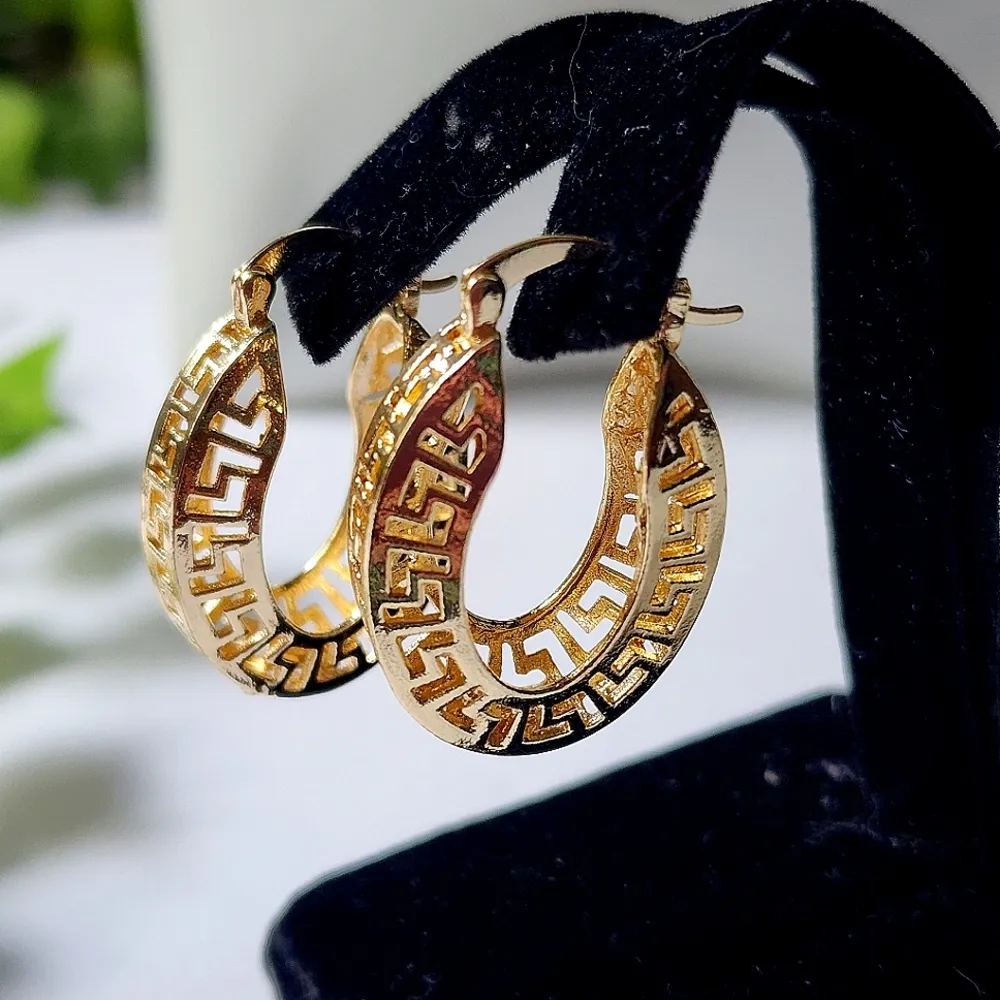 Gold Filled Greek Key Oval Hoop Earrings - Image 2