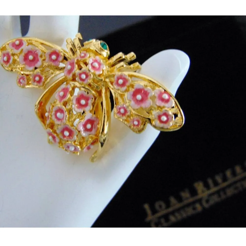 Joan Rivers Cherry Blossom Flower BEE PIN Brooch Pink Enameled Gold Pave Crystal - Image 3