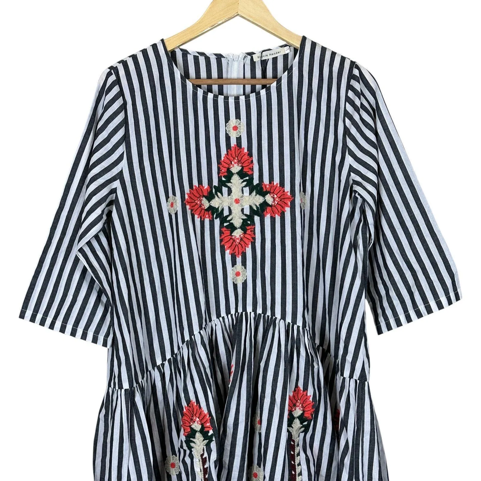 Stevie Hender Dress Womens M White Gray Striped Cotton Embroidered Cottagecore - Image 2