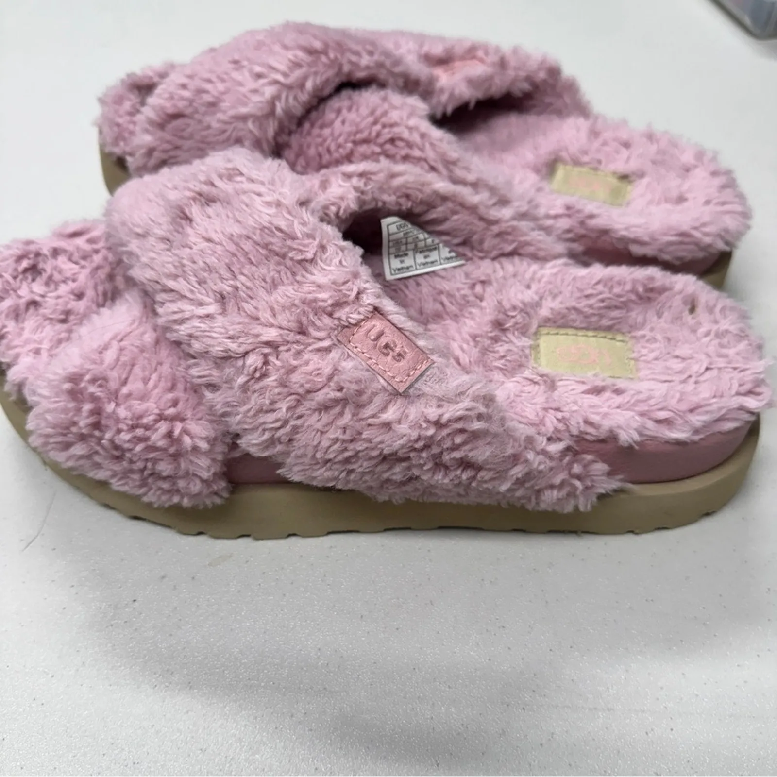 Ugg Pink Fuzz Sugar Cross Slide Sandals Womens 10 Casual Summer Platform Shoes - Image 2