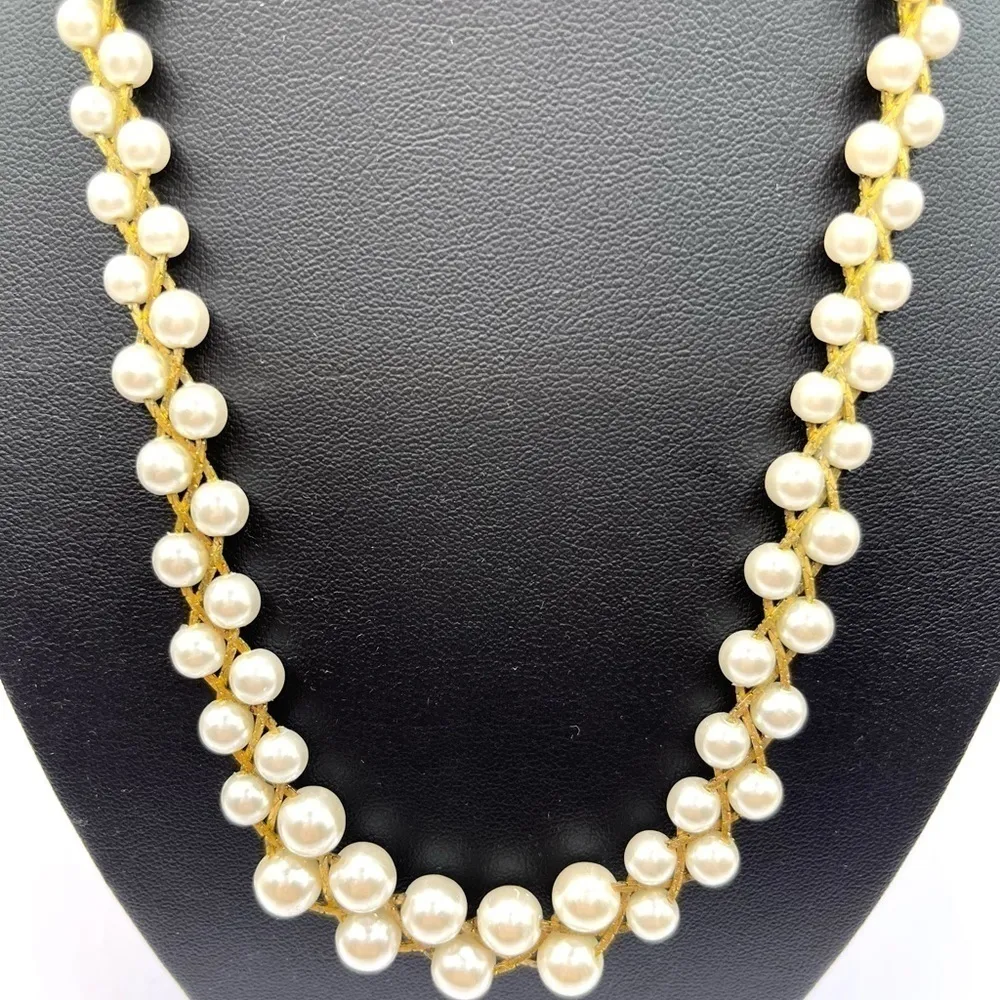Pearl and Gold Tone Choker 19” length. Double pearl and Triple gold tone chain. White - Image 3