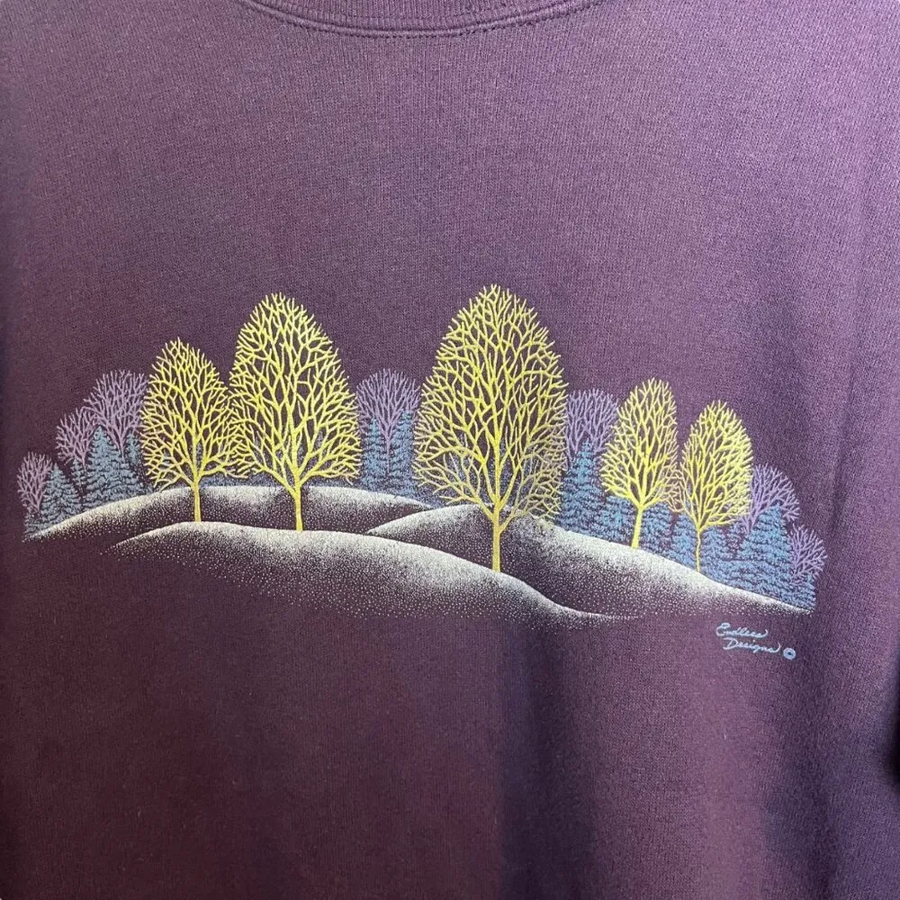 Vintage Women's L Winter Tree Print Crewneck Sweatshirt Purple Nature Grannycore Size L - Image 2