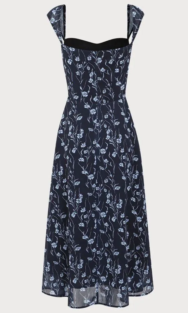 Rihoas Navy Floral Sweetheart Neck Midi Dress Blue - Image 6