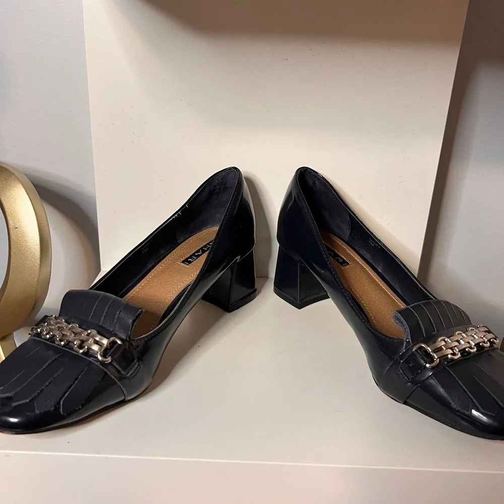 Navy Blue Patent‎ Leather Block Heel Loafers with Chain Detail & Fringe - Image 5