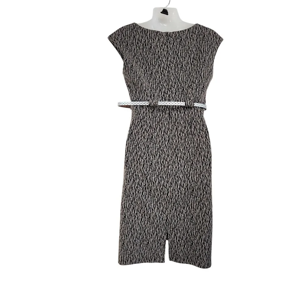 Connected Apparel Geometric Cap Sleeve Belted Sheath Dress Black Gray Size 6 - Image 2