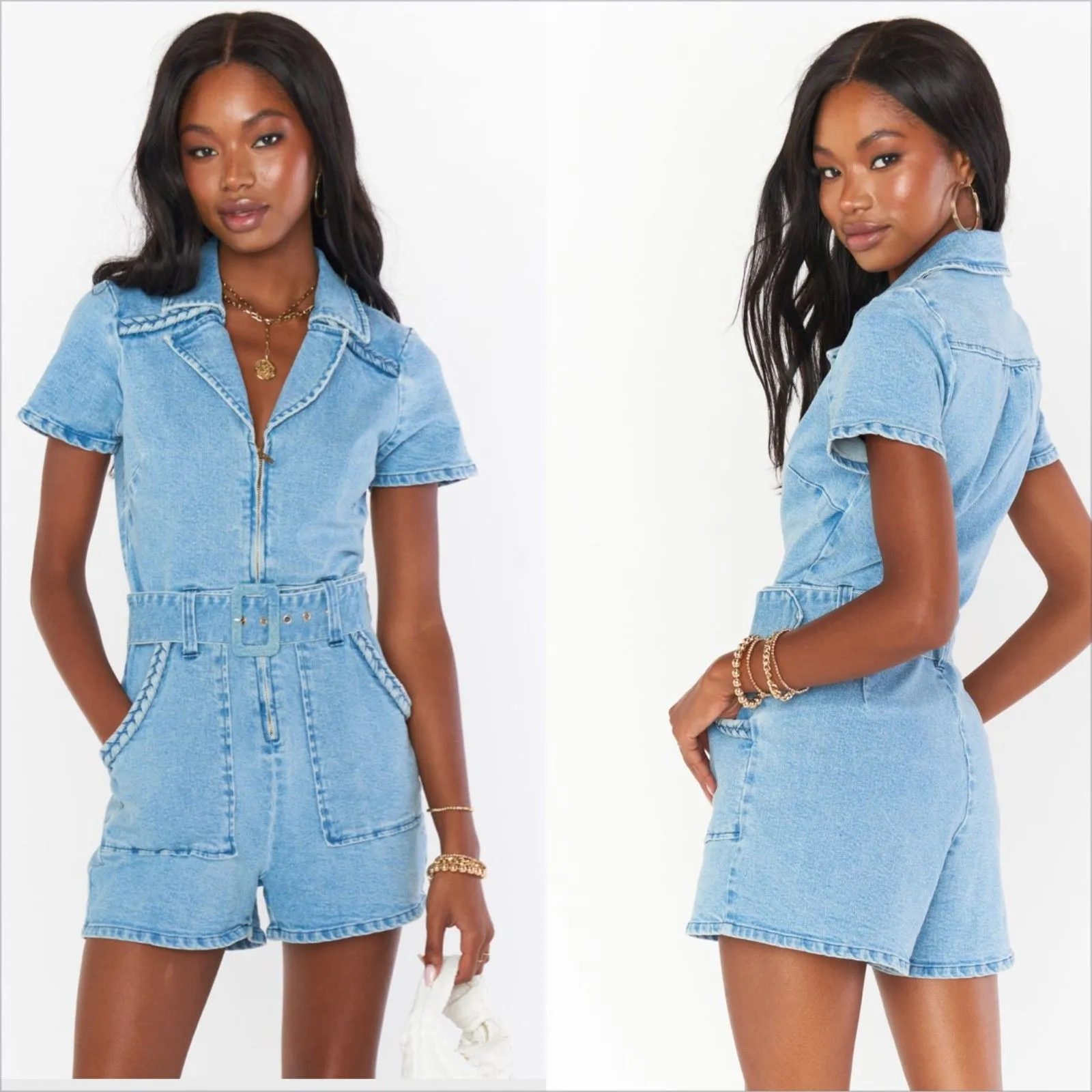 Show Me Your Mumu Outlaw Romper Size Large Light Tide Denim Western Boho Belted - Image 4