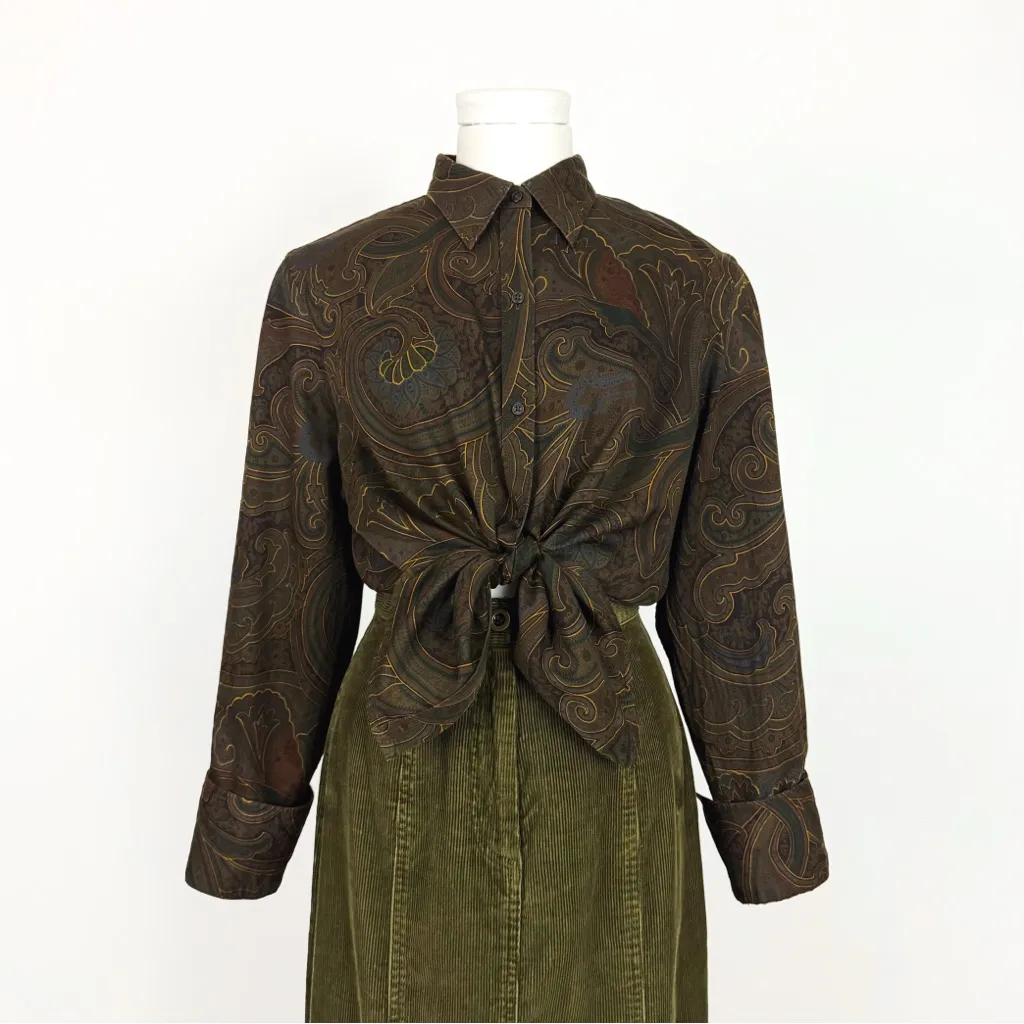 Vintage 90’s Ralph Lauren Button-Down Paisley Blouse in Brown and Olive | Size L - Image 3