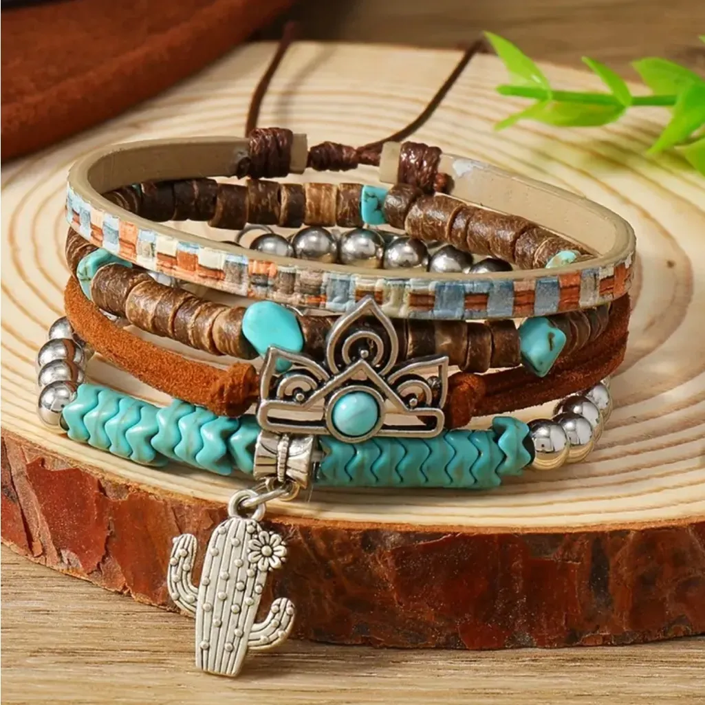 Boho Chic Cactus Turquoise Wooden Bracelet‎ Set Handmade Jewelry for Any Day Brown - Image 4
