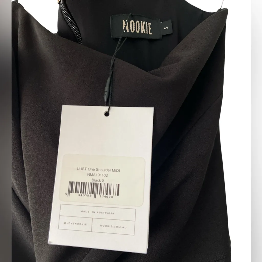 NWT Nookie Lust One Shoulder Black Midi Dress Tight Ruched Knot Size Small - Image 7