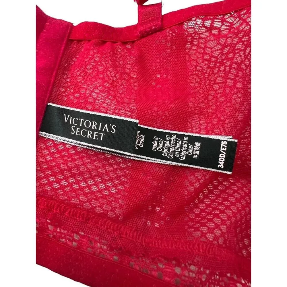 Victoria's Secret Long Line Choker Red Mesh Lined Plunge Bra Womens 34DD - Image 4