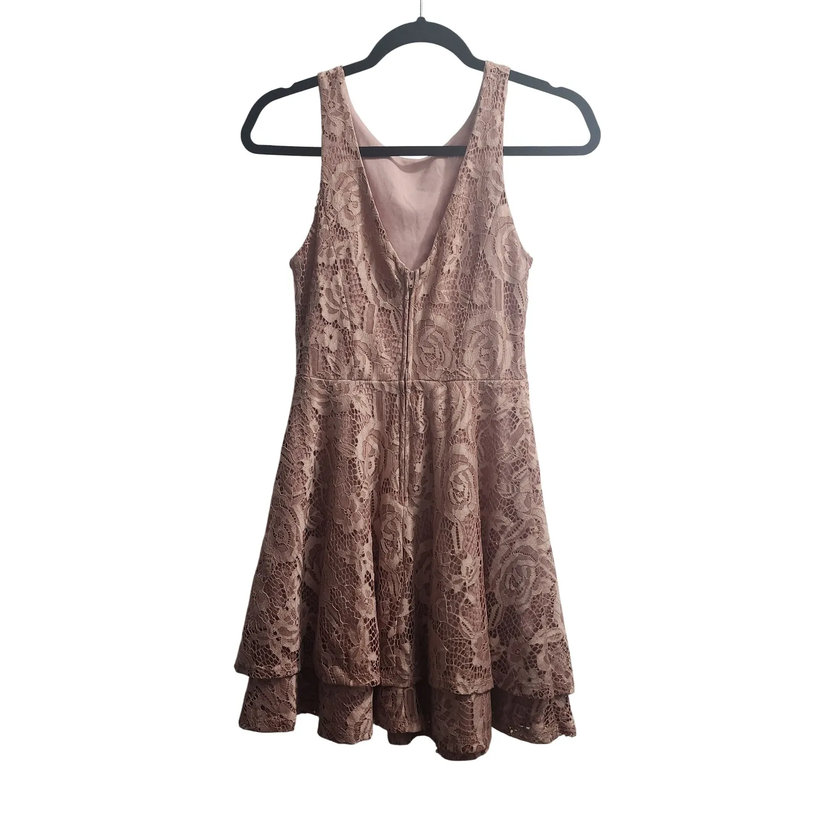 Pink Lace Fit Flare Dress XS Sleeveless Ruffle Hem Party - Image 3