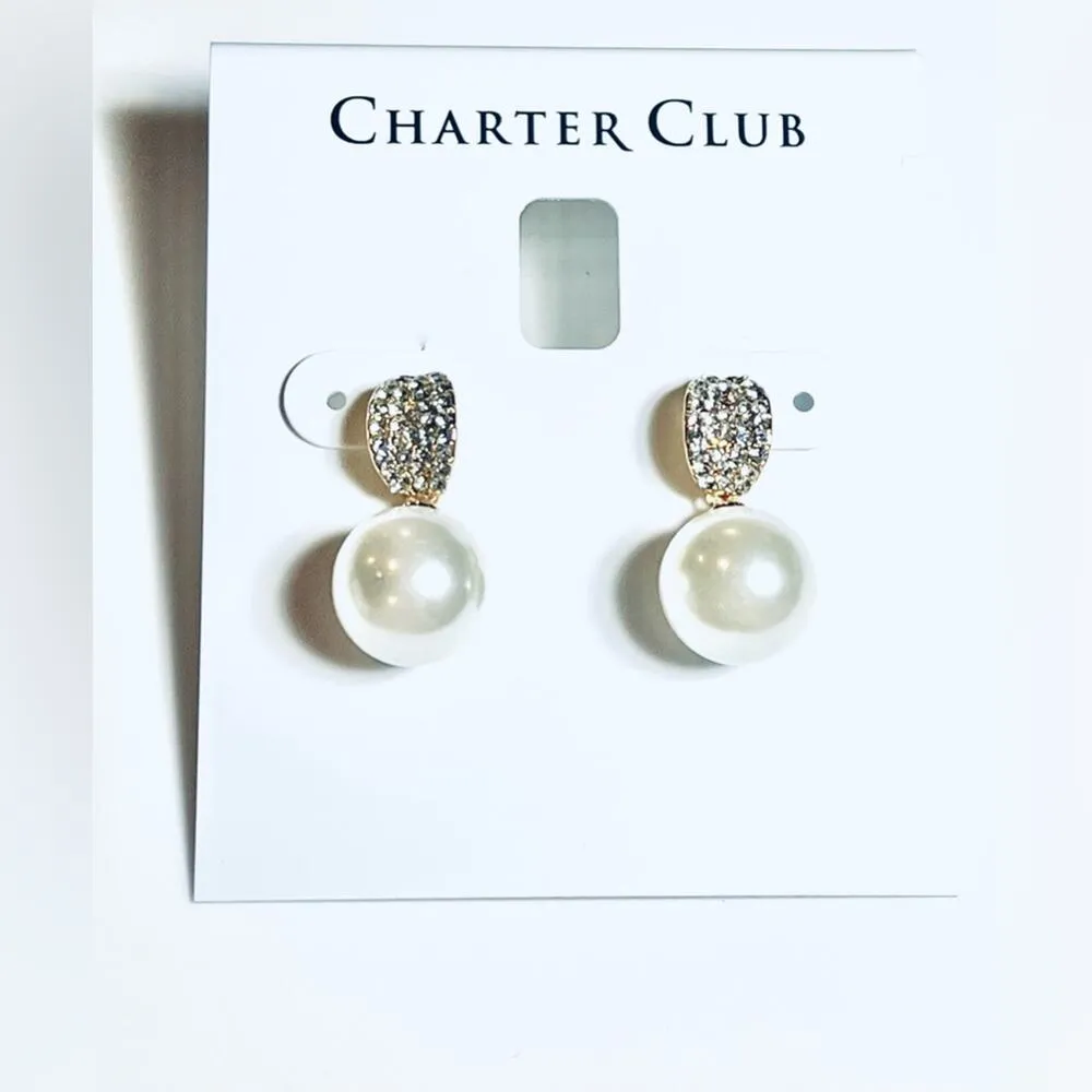 NEW Charter Club Pearl Drop EARRINGS 1" Pave Crystal & Faux Pearl Post Back Gold - Image 4