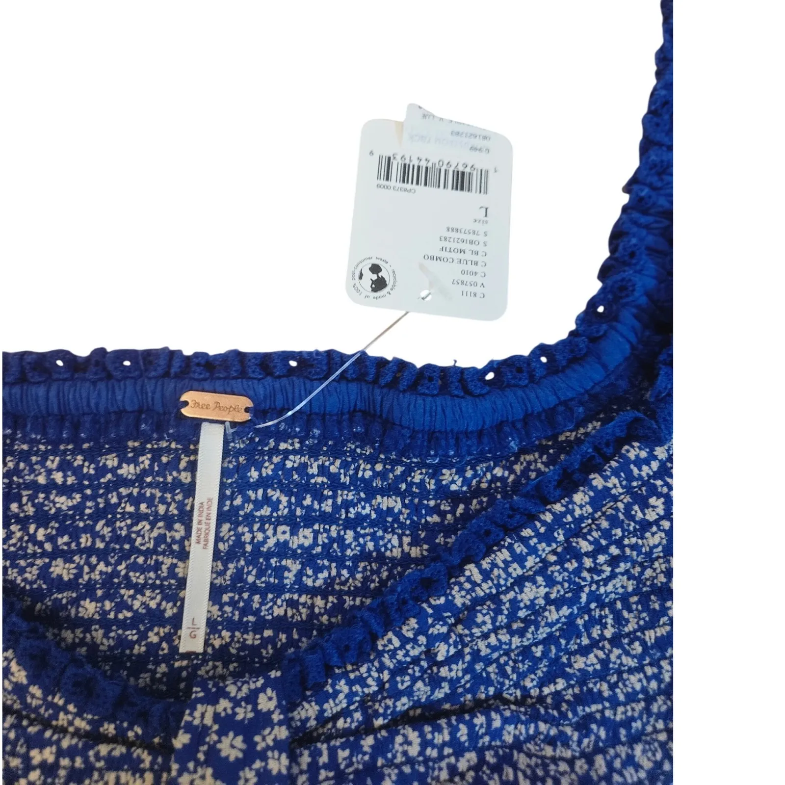 Free People Women's Blue Combo Floral Print Square Neck Peplum‎ Top Blouse L - Image 3