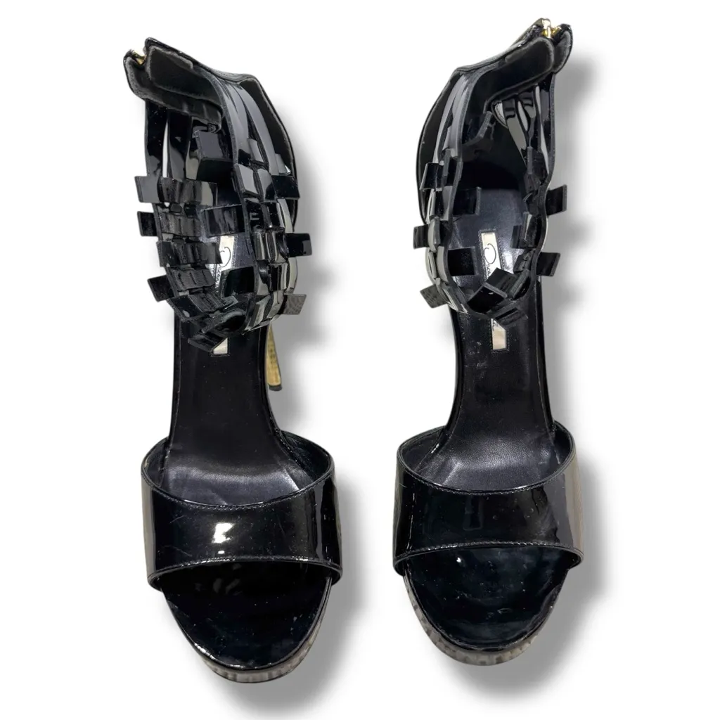 Oscar De La Renta Black Patent Leather Woven Ankle Heels 40, US 10 - Image 3