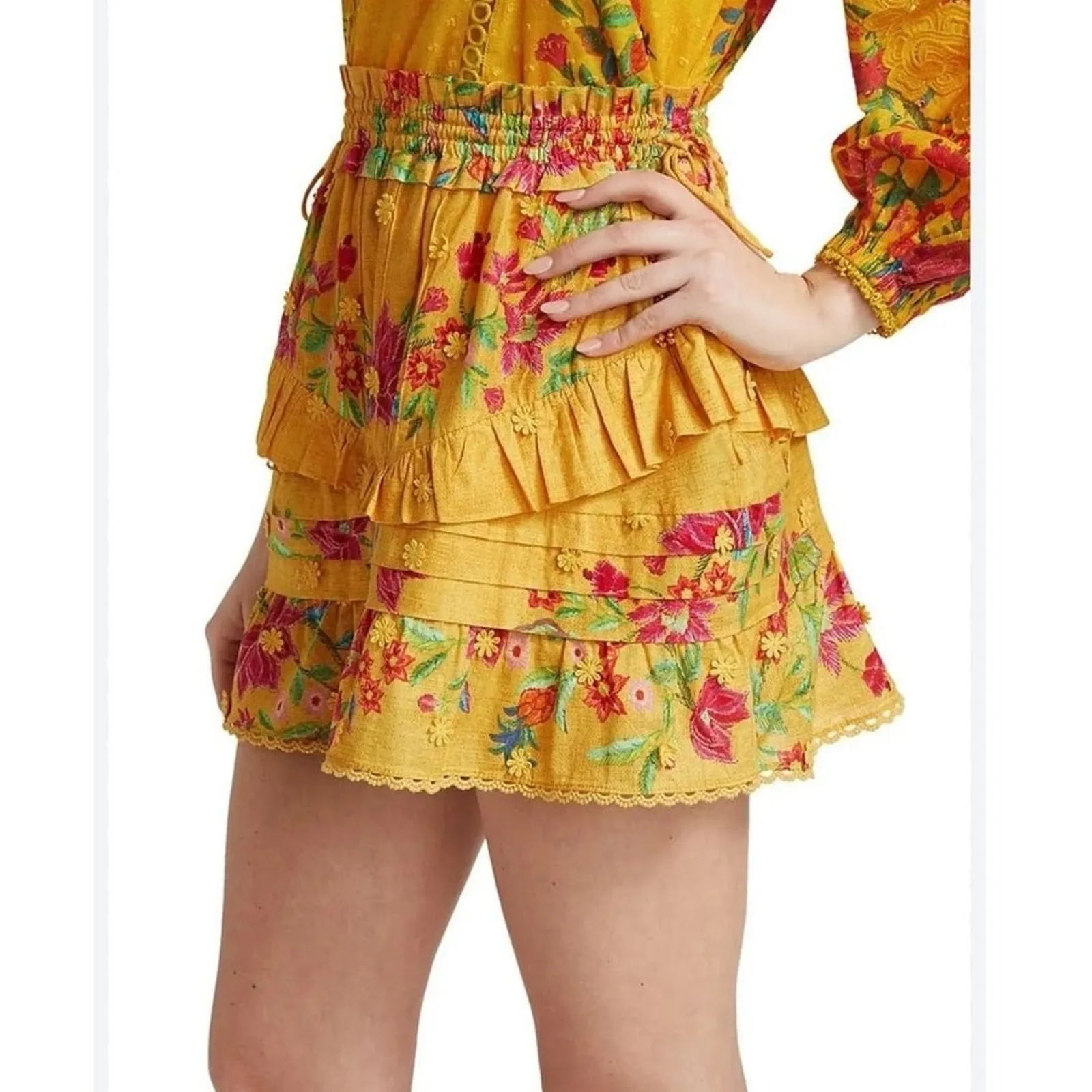 Farm Rio Mini Skirt Yellow Floral Flower Ruffle A-line Dream - Image 2