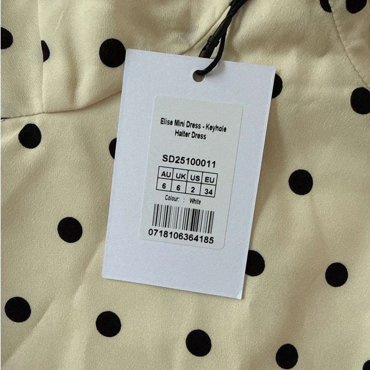 Showpo Mini Dress Keyhole Halter Polka Dot Elise Size US2 Cream Black - Image 2