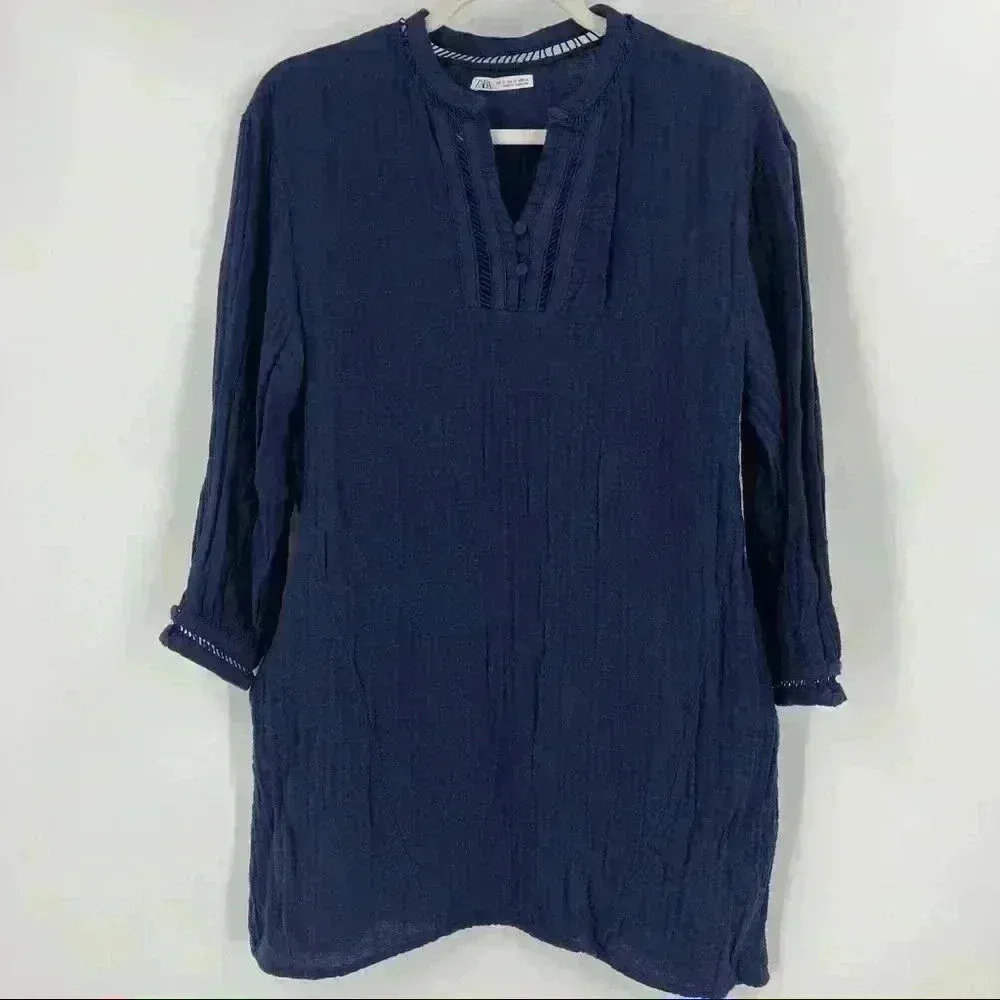 ZARA‎ Navy Lace Insert V-Neck Tunic Top Size XS - Image 5