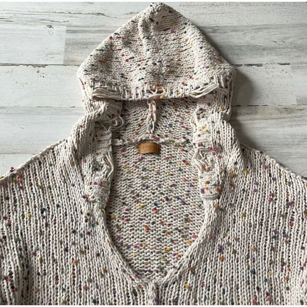 POL speckles oversized distressed knit vneck hoodie cream, loose sleeves, 100% p - Image 3