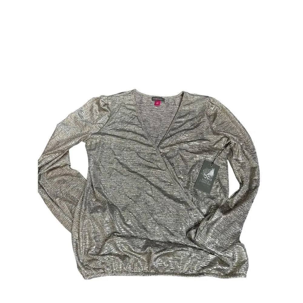 Vince Camuto Blouse NWT Gold Sparkle Silver V-Neck Stretchy Long-Sleeve Sz XXS - Image 8
