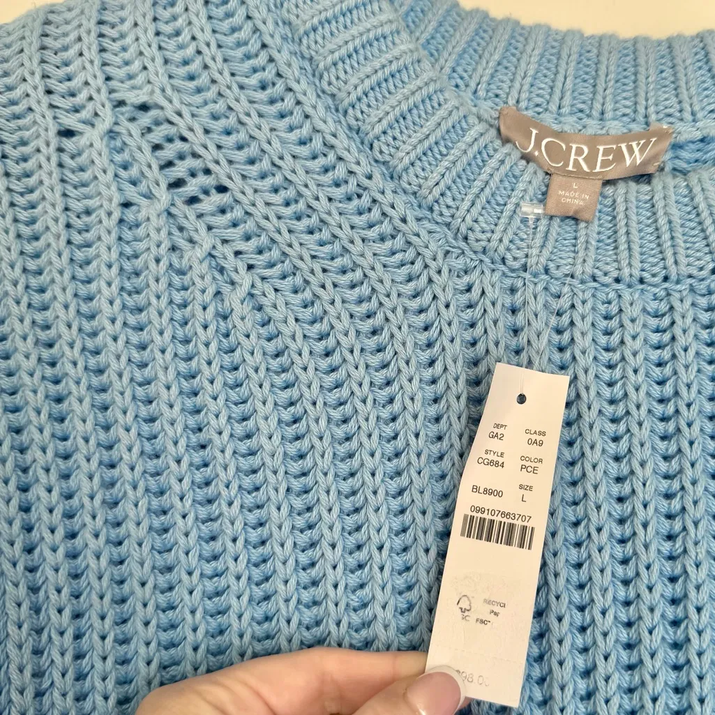 NWT J.CREW Heritage Cotton Fisherman Crewneck Sweater Large Pale Cerulean Blue - Image 4