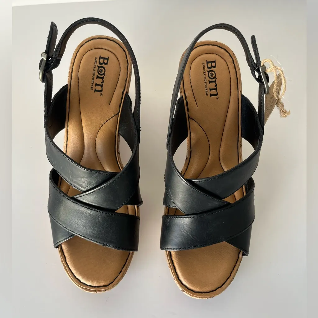 Born Alaina Wedge Sandals black leather 8 NEW - Image 6