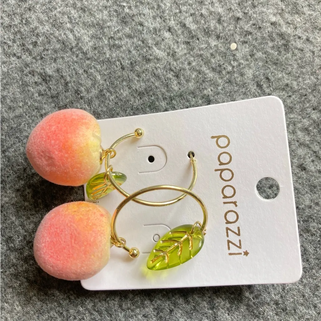 Pink Fuzzy Peach Earrings with‎ Green Leaf Charm – Cute Fruit Hoop Jewelry new - Image 5