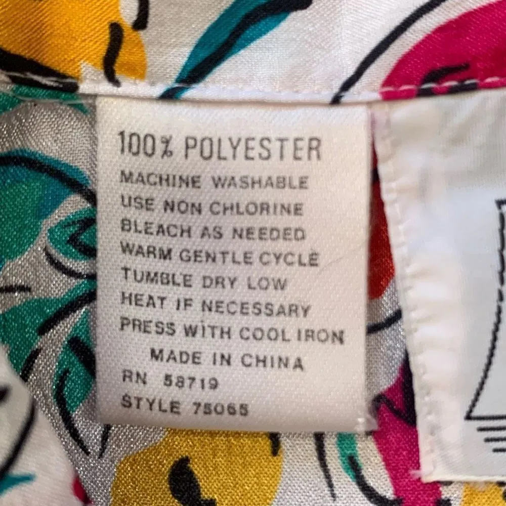 Vintage Notations Petite Shirt White Multicolored Lime Green Flower Button Up Size 12P - Image 9