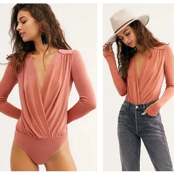 Free People Turnt Long Sleeve Bodysuit in Ginger Spice Sz M - Image 2
