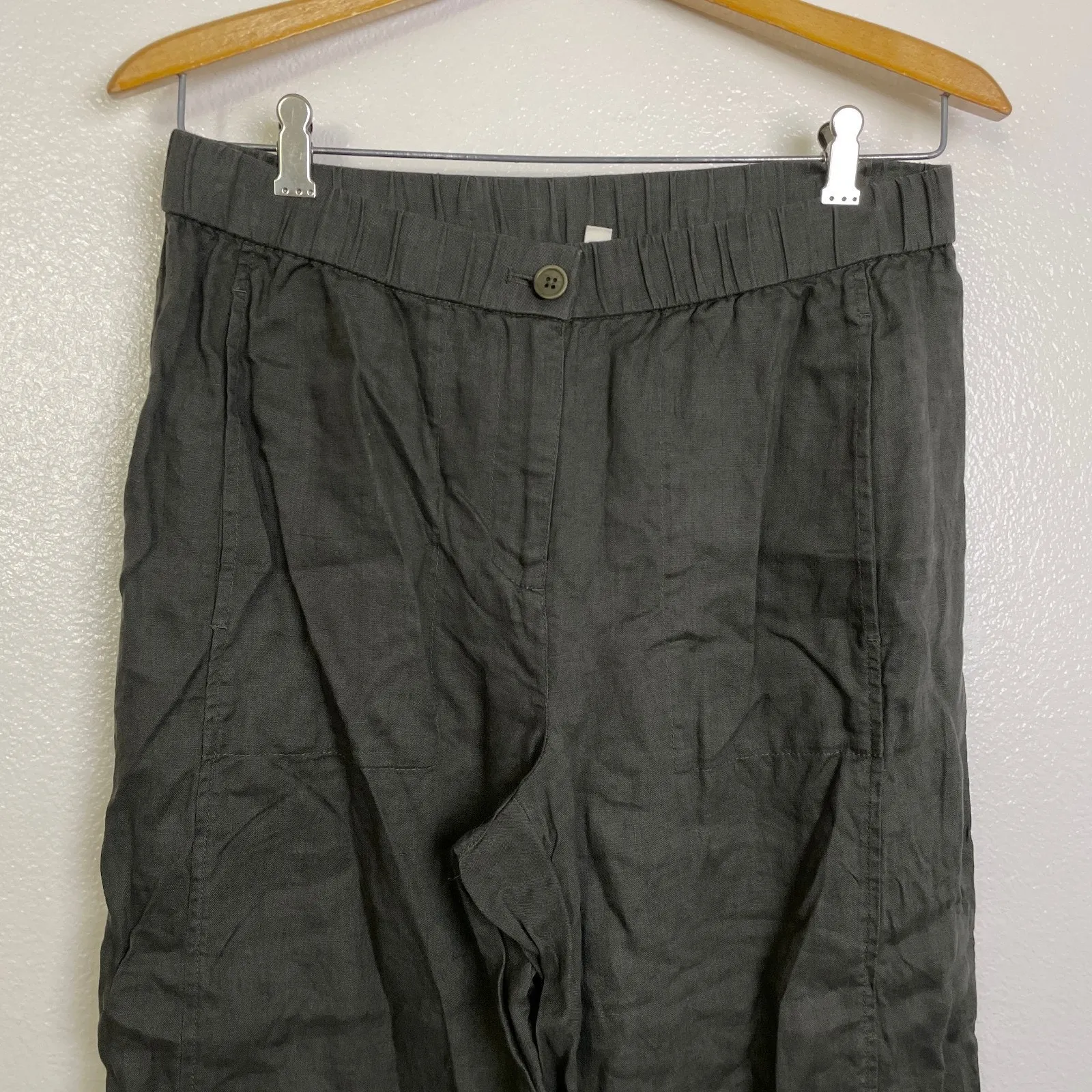 Eileen Fisher Pants Womens Petite Medium Olive Organic Linen Wide Leg Zip Career - Image 3