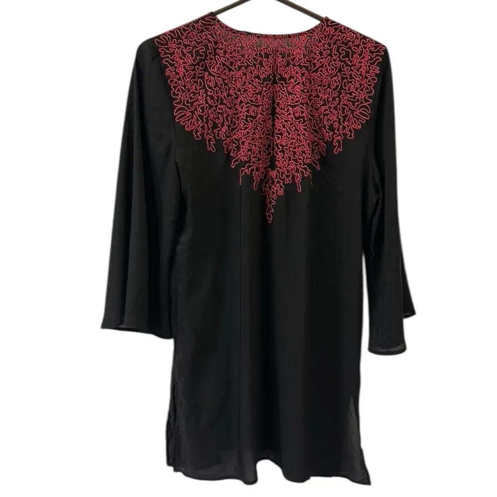 Soft Surroundings Timeless Black Embroidered Slit Neck Boho Tunic Top Blouse M - Image 11