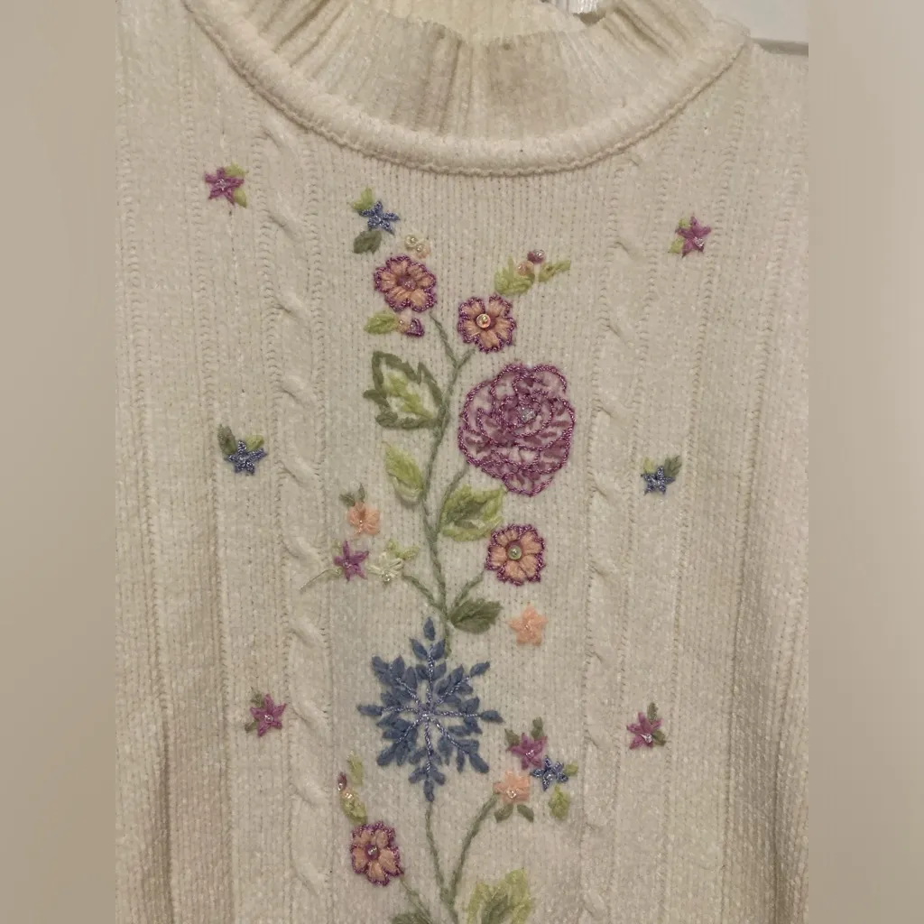 Alfred Dunner Vintage Cream Embroidered Floral Mock Neck Long Sleeve Sweater Size L - Image 5