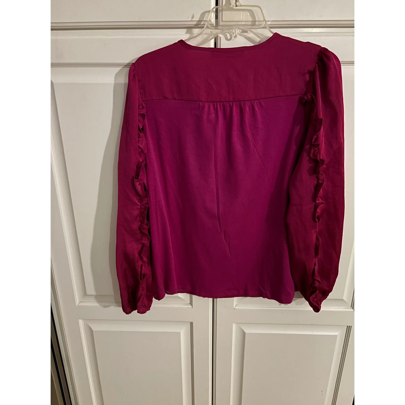 LOFT Petite Fuchsia Ruffle Trim Tie Neck Long Sleeve Blouse Top MP - Image 4