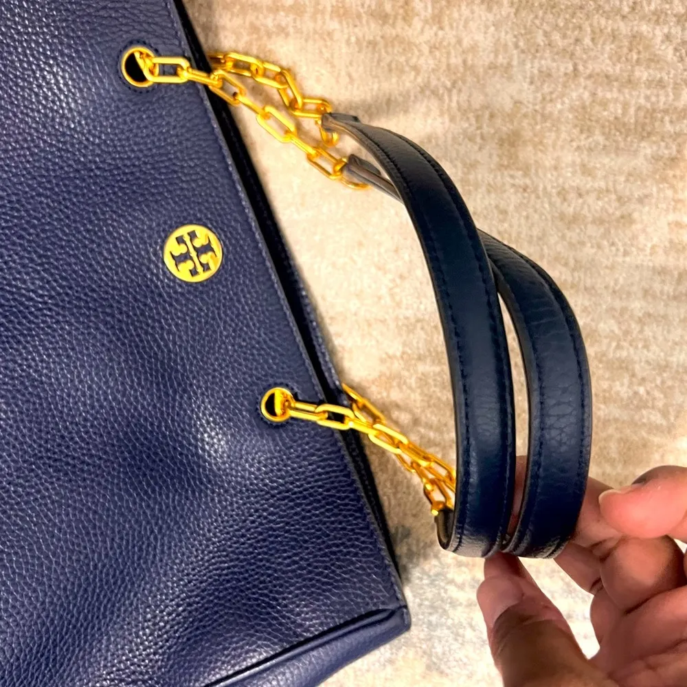 Tory Burch Pebbled Navy Blue Tote - Image 7