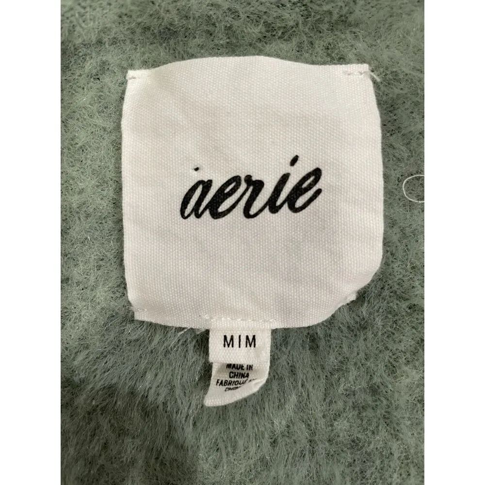 Aerie Small Green Cardigan Soft Fuzzy Texture Button Front V-Neck Long Sleeve - Image 4